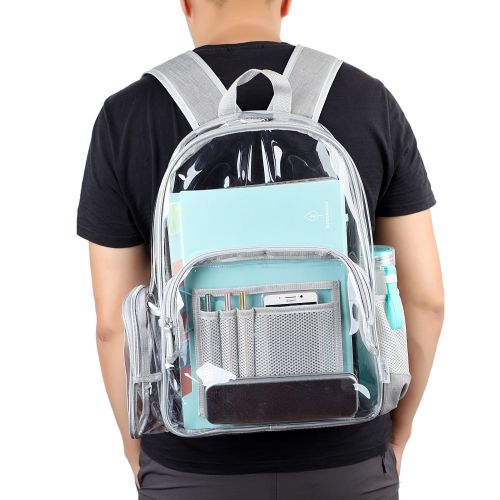  Large Clear Backpack, Heavy Duty Transparent Bookbag for School, Security, Sporting Events and more (Grey)