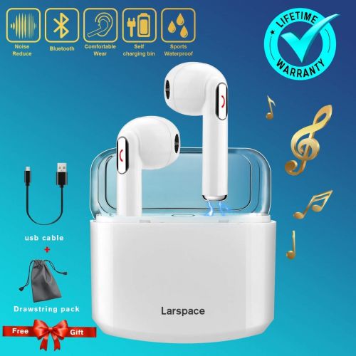  Larspace Wireless Earbuds Earphones, Bluetooth Earbuds Headphones in-Ear Noise Cancelling Earbuds Earpiece Mic Charging Case Earbuds, Sport Running Mini Stereo Bass Earbuds iOS Android (Whi