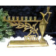 LasLovelies Brass Menorah Candle Holder, Vintage Brass Menorah with Olive Branch and Urn