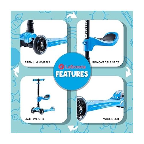  LaScoota 2-in-1 Kids Kick Scooter, Adjustable Height Handlebars and Removable Seat, 3 LED Lighted Wheels and Anti-Slip Deck, for Boys & Girls Aged 3-12 and up to 100 Lbs.