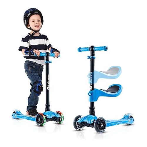  LaScoota 2-in-1 Kids Kick Scooter, Adjustable Height Handlebars and Removable Seat, 3 LED Lighted Wheels and Anti-Slip Deck, for Boys & Girls Aged 3-12 and up to 100 Lbs.