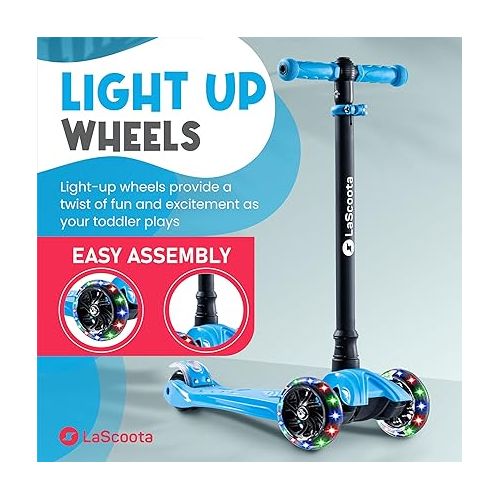  LaScoota 2-in-1 Kids Kick Scooter, Adjustable Height Handlebars and Removable Seat, 3 LED Lighted Wheels and Anti-Slip Deck, for Boys & Girls Aged 3-12 and up to 100 Lbs.