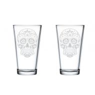 /LaserPrintCo Sugar Skull- Pint Glass- Set of 2- Day of the Dead-Gift