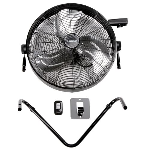  Lasko 20 3-Speed Pivoting High Velocity Industrial Utility Metal Floor Fan with Wall Mount Option and Remote Control, Model H20685, Black