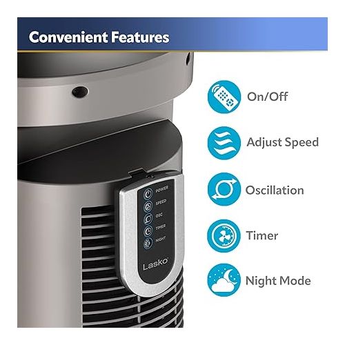  Lasko Oscillating Tower Fan, Nighttime Setting, Remote Control, Portable, Timer, for Bedroom, Home and Office, 3 Quiet Speeds, 42.5