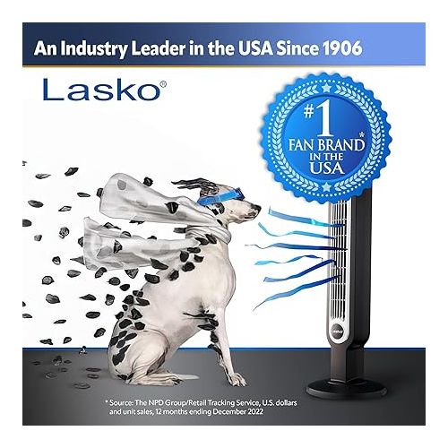  Lasko Oscillating Tower Fan, Nighttime Setting, Remote Control, Portable, Timer, for Bedroom, Home and Office, 3 Quiet Speeds, 42.5