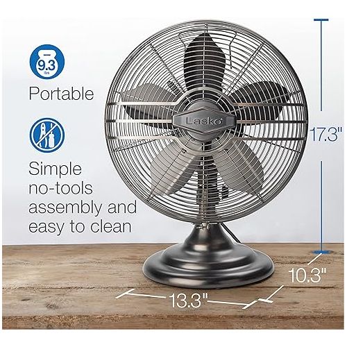  Lasko Oscillating Table Top Fan, Portable, 3 Quiet Speeds, for Bedroom, Kitchen and Office, 17