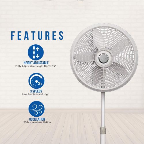  Lasko 1820 18″ Elegance & Performance Adjustable Pedestal Fan, White - Features Oscillating Movement Tilt-back Fan Head