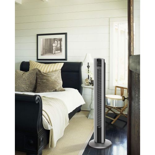  Lasko T48314 Portable Electric Oscillating Stand Up Tower Fan with Remote Control for Indoor, Bedroom and Home Office Use, Black/Silver