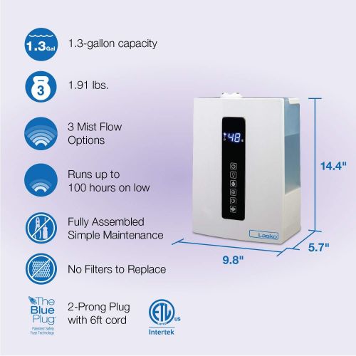  Lasko LA10008 UH300 Warm and Cool Humidistat and Timer, Quiet and Soothing Ultrasonic Dual Mist Humidifiers for Baby Nursery, Bedroom, Kids, Large Room and Home, 4.9L Tank, No Filt