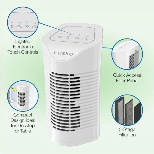  Lasko HF11200 Desktop Air Purifier for Home, Office, Bedroom, Dorm and Small Rooms ? 3-Stage Filtration Removes Smoke, Pet Odors, Allergens, Dust and Mold Spores, White