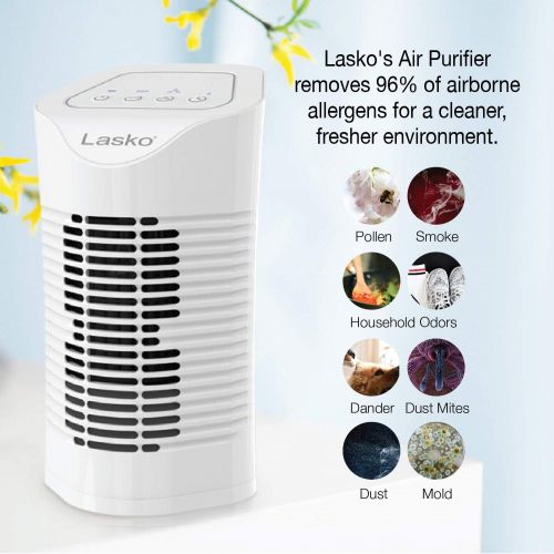  Lasko HF11200 Desktop Air Purifier for Home, Office, Bedroom, Dorm and Small Rooms ? 3-Stage Filtration Removes Smoke, Pet Odors, Allergens, Dust and Mold Spores, White
