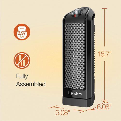  Lasko CT16450 Small Portable 1500W Oscillating Electric Ceramic Space Heater with Manual Thermostat and Overheat Safety Protection for Indoor Home Use, Black