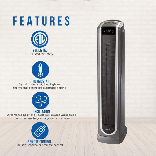  Lasko 5572 Ceramic Tower Space Heater with Logic Center Digital Remote Control-Features Built-in Timer and Oscillation, 7.3″L x 9.2″W x 29.75″H