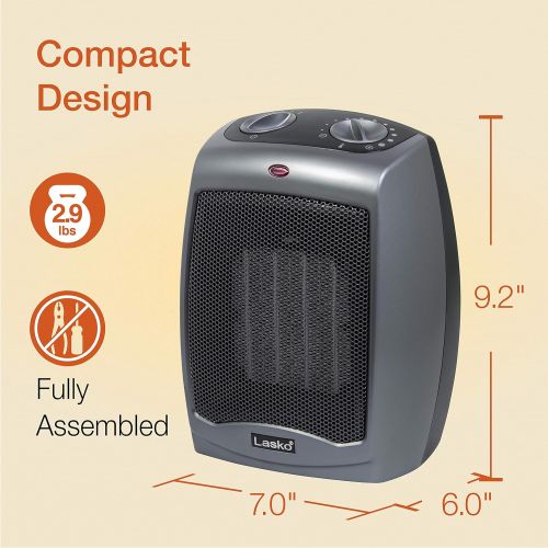  Lasko 754201 Small Portable 1500W Electric Ceramic Space Heater with Tip-Over Safety Switch, Overheat Protection, Thermostat and Extra Long 8-ft Cord for Indoor Ho, 9.2 x 7 x 6 inc