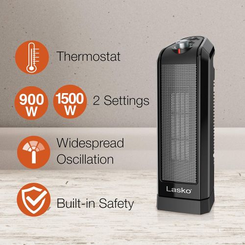  Lasko CT16450 Small Portable 1500W Oscillating Electric Ceramic Space Heater with Manual Thermostat and Overheat Safety Protection for Indoor Home Use, Black