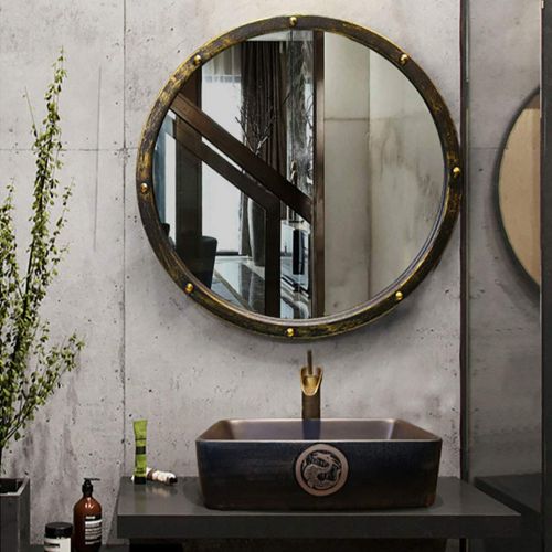  Lattice wall mirror Wrought Iron Retro Industrial Round Mirror Nordic Wall Hanging Bathroom Mirror Decoration Bar Cafe Restaurant Mirror (Diameter: 50cm)