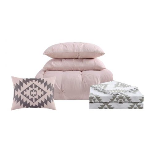  Laura D&A 5 Piece Girls White Light Pink Pinch Pleated Comforter Twin Set, Pinched Pleat Bedding, Pintuck Diamond Tufted Textured, Aztec Ikat Tribal Motif Bedding, Pin Tuck Texture Patte