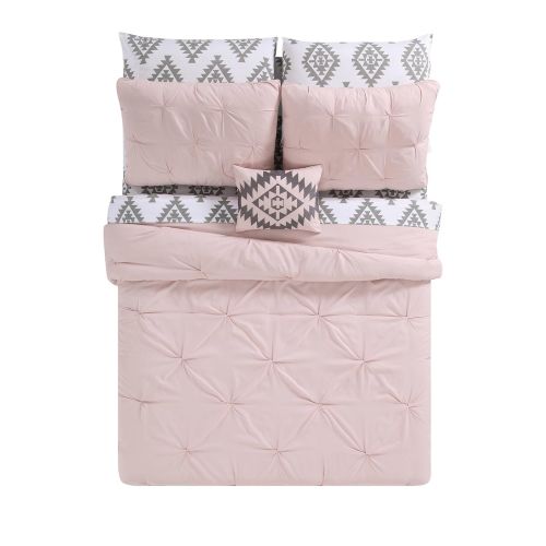  Laura D&A 5 Piece Girls White Light Pink Pinch Pleated Comforter Twin Set, Pinched Pleat Bedding, Pintuck Diamond Tufted Textured, Aztec Ikat Tribal Motif Bedding, Pin Tuck Texture Patte