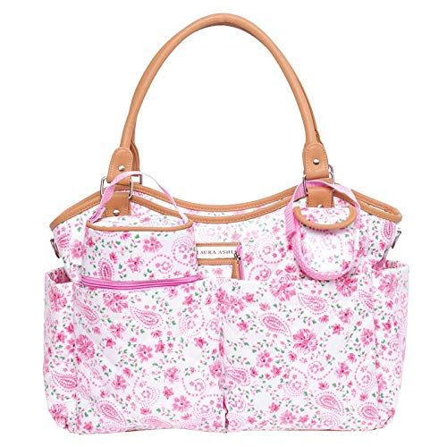  Laura Ashley 6 Piece Large Triple Compartment Tote Diaper Bag - Pink Floral (Pink Floral)