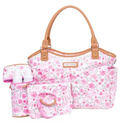  Laura Ashley 6 Piece Large Triple Compartment Tote Diaper Bag - Pink Floral (Pink Floral)