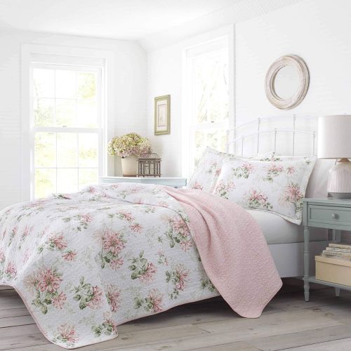  Laura Ashley Honeysuckle Quilt Set, King, Pastel Pink