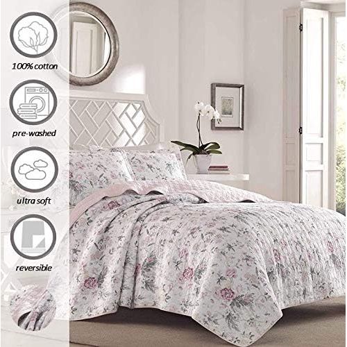  Laura Ashley Breezy Floral Pink Quilt Set, King, Gray