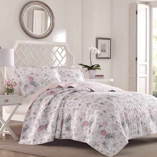  Laura Ashley Breezy Floral Pink Quilt Set, King, Gray