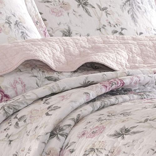  Laura Ashley Breezy Floral Pink Quilt Set, King, Gray