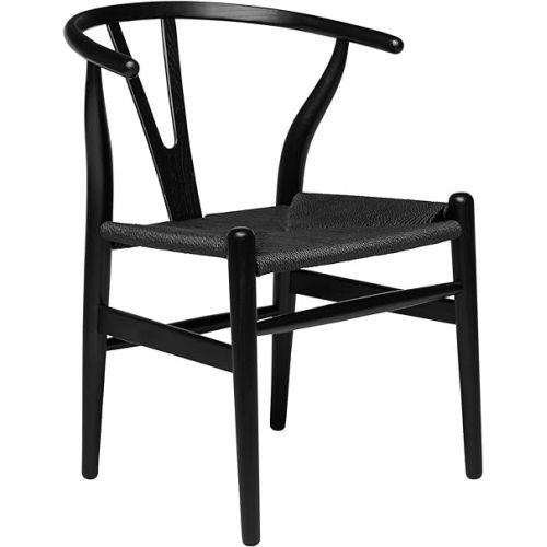  Laura Davidson Furniture Hans Wegner Wishbone Style Chair for Office with Arm Rest, Woven Cord Seat, Black with Black Cord