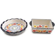 Gibson Luxembourg Handpainted 10.5 Pie Dish & 8 Square Bakeware, One Size, Blue and Cream w/Floral Designs