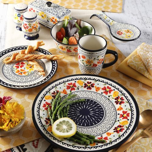  Gibson Elite 92995.16R Luxembourg Handpainted 16 Piece Dinnerware Set, Blue and Cream w/Floral Designs