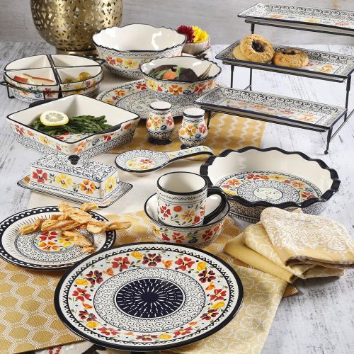  Gibson Elite 92995.16R Luxembourg Handpainted 16 Piece Dinnerware Set, Blue and Cream w/Floral Designs