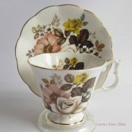 LauriesFineChina Free Shipping Royal Albert Un-named WhiteTan Roses and Brown Leaves Bone China Tea Cup and Saucer