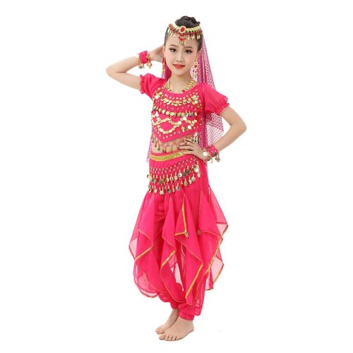  Lauthen.S Girls Halloween Costume Set - Kids Belly Dance Halter Top Pants with Jewelry Accessory for Dress Up Party