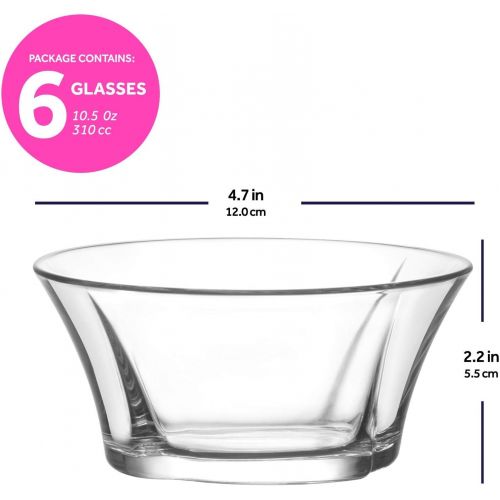  LAV Glass Dessert & Snack Bowls Set 6-Piece, 10 oz Clear Glass Bowls for Desserts & Ice Cream & Snacks & Puddings & Dips and Side Dishes, Lead-Free Glass Cups with Modern Elegant D