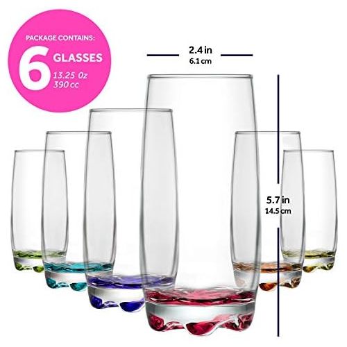  [아마존베스트]LAV Highball Drinking Glasses 6-Piece, 13 Oz Clear Beverage Glass Set with Colored Bottoms for Water & Juice & Cocktails, Vibrant Glass Cups, Dishwasher Safe