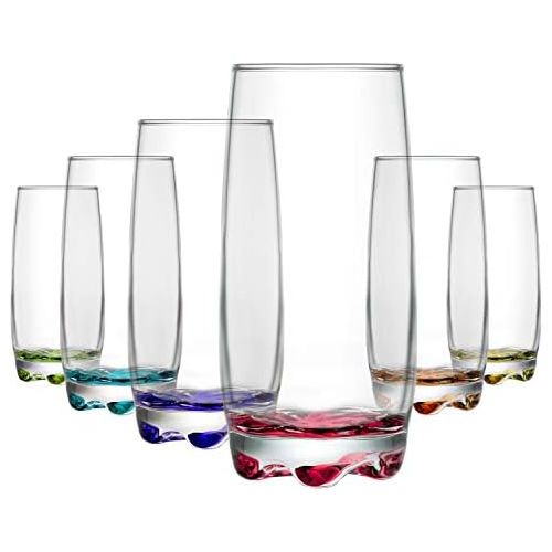  [아마존베스트]LAV Highball Drinking Glasses 6-Piece, 13 Oz Clear Beverage Glass Set with Colored Bottoms for Water & Juice & Cocktails, Vibrant Glass Cups, Dishwasher Safe