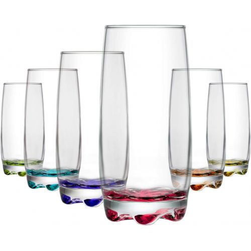  [아마존베스트]LAV Highball Drinking Glasses 6-Piece, 13 Oz Clear Beverage Glass Set with Colored Bottoms for Water & Juice & Cocktails, Vibrant Glass Cups, Dishwasher Safe