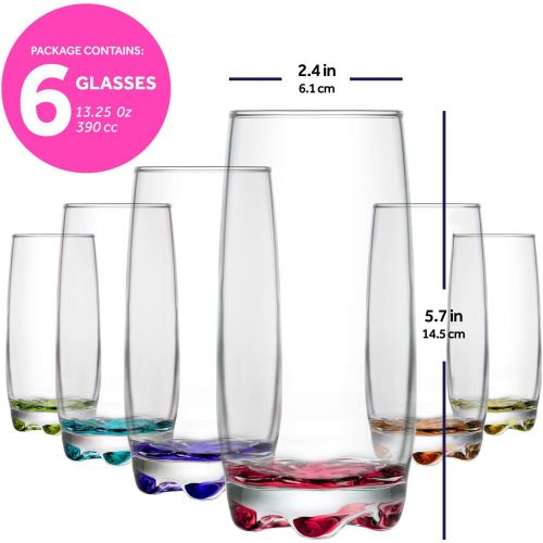  [아마존베스트]LAV Highball Drinking Glasses 6-Piece, 13 Oz Clear Beverage Glass Set with Colored Bottoms for Water & Juice & Cocktails, Vibrant Glass Cups, Dishwasher Safe