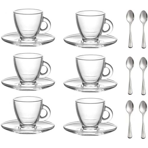  [아마존베스트]Lav Roma 3.2-Ounce. Small Demitasse Clear Glass Espresso Drinkware, Set of 6 Cups/Saucers + Set of 6 Stainless Steel 18/10 mini Espresso Spoons! Hostess, Coffee Lover/Enthusiast, Espre