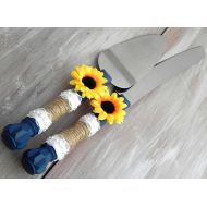 LavaGifts Rustic Sunflower Wedding Cake Server And Knife Set, Navy Blue with Burlap and Lace, Country Wedding, Bridal Shower Gift, Wedding Gift