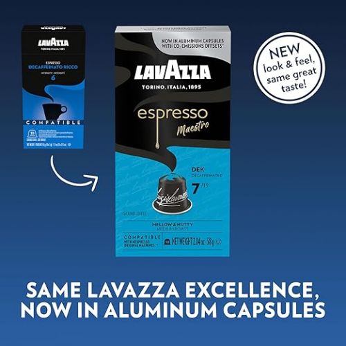  Lavazza Espresso Decaffeinated Dek Medium Roast Arabica & Robusta Aluminum Capsules Compatible with Nespresso Original Machines ,Value Pack, Round and well-balanced, Intensity 7 of 13, 10 Count (Pack of 6)