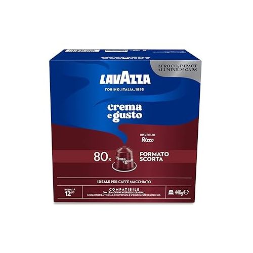  Lavazza Crema e Gusto Ricco, Rich Taste, 80 Aluminum Capsules Compatible with Original Nespresso Machines, with Notes of Chocolate, Wood and Spices, Arabica and Robusta, Intensity 12, Dark Roast