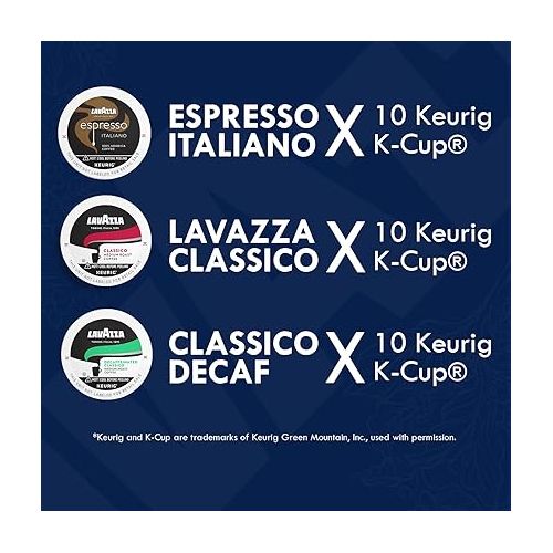  Lavazza K-Cups Mix 30 Pods - Espresso Italiano, Classico, Decaf, 10ea Espresso Cups Arabica, Compatible Keurig Brewers, Single Serve Coffee Machines, Light, Medium, Dark Roast, Kcups Coffee Caps