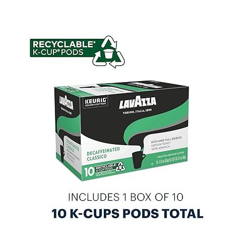  Lavazza Classico Decaf Single-Serve Coffee K-Cups for Keurig Brewer, Medium Roast, 10 Count Box ,Rich and full-bodied flavor delivers a uniquely intense aroma of dried fruits, 100% arabica coffees