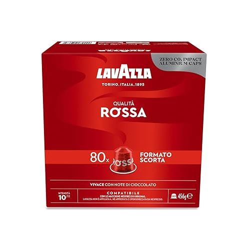  Lavazza Qualita Rossa 80 Aluminum Coffee Capsules Compatible with Nespresso Original Machines, with Notes of Chocolate and Nuts, Arabica and Robusta, Intensity 10/13, Medium Roast