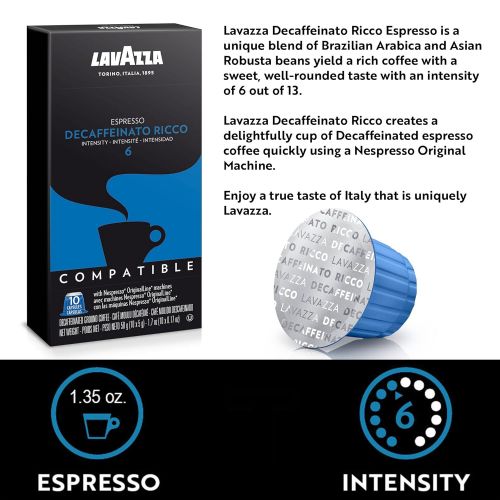  Lavazza Premium Coffee Corp Nespresso OriginalLine Compatible Capsules, Espresso Decaffeinato Ricco, Dark Roast Coffee, 10 Ct