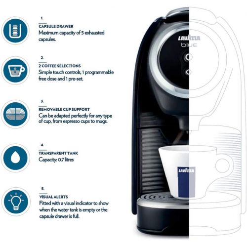  Lavazza BLUE Classy Mini Single Serve Espresso Coffee Machine LB 300, 5.3 x 13 x 10.2 2 Coffee selections: simple touch controls, 1 programmable free dose and 1 pre-set