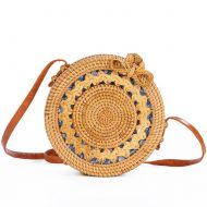 LaviniaLee Round Handwoven Rattan Bag Leather Strap Crossbody Shoulder Beach Bag